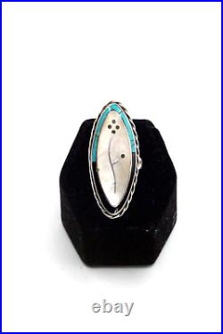 Sterling Silver Zuni Marked JE Flower Inlay MOP Turquoise Onyx Elongated Ring