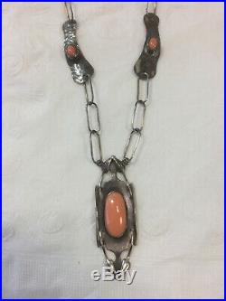 Sterling Silver and Pink Coral Chain Necklace Marked KALO Sterling