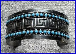 Sterling Silver marked 935 Open Wide Cuff Bracelet Greek Turquoise Cabochon