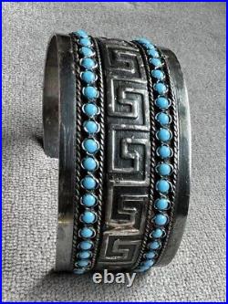 Sterling Silver marked 935 Open Wide Cuff Bracelet Greek Turquoise Cabochon