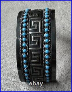 Sterling Silver marked 935 Open Wide Cuff Bracelet Greek Turquoise Cabochon