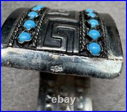 Sterling Silver marked 935 Open Wide Cuff Bracelet Greek Turquoise Cabochon