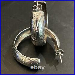 Sterling silver hoop earrings, Norwegian w etchings, marked ND 925, 1.5 inch