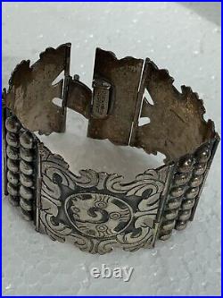 Stirling Silver Mexican panel Aztec Cuff Bracelet Signed marked9.25
