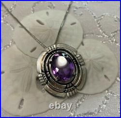 Stunning Sterling Silver & Large Amethyst Pendant Necklace 24 Marked Sterling