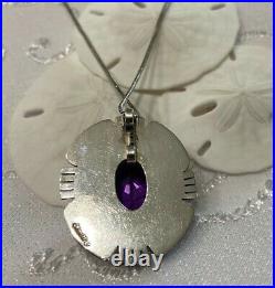 Stunning Sterling Silver & Large Amethyst Pendant Necklace 24 Marked Sterling