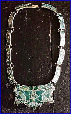 Taxco Mexico 950 Silver Necklace, Inlaid Turquoise Stone, 32g, Marked