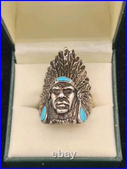 Ted Ott Marked Sterling Silver Vintage Turquoise Indian Head Navajo Ring Sz 10