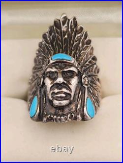 Ted Ott Marked Sterling Silver Vintage Turquoise Indian Head Navajo Ring Sz 10