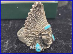 Ted Ott Marked Sterling Silver Vintage Turquoise Indian Head Navajo Ring Sz 10