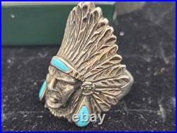 Ted Ott Marked Sterling Silver Vintage Turquoise Indian Head Navajo Ring Sz 10