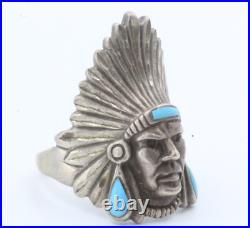 Ted Ott Marked Sterling Silver Vintage Turquoise Indian Head Navajo Ring Sz 11