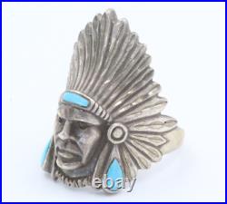 Ted Ott Marked Sterling Silver Vintage Turquoise Indian Head Navajo Ring Sz 11