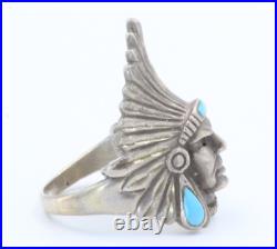 Ted Ott Marked Sterling Silver Vintage Turquoise Indian Head Navajo Ring Sz 11