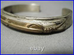 Thick Heavy Vintage Navajo Mark Yazzie Feather Sterling Silver Gold Bracelet