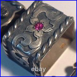 Three Piece Sterling Silver Ranger Buckle With Rubies, Marked Cowboy Culture