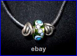 Trollbeads LAA Murano Glass Sterling Silver Slider Black Leather Charm Necklace