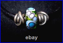Trollbeads LAA Murano Glass Sterling Silver Slider Black Leather Charm Necklace