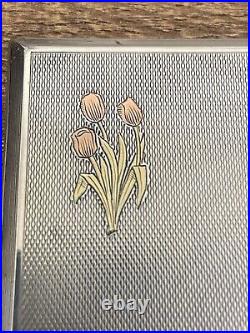 Tulip Emblem Sterling Silver Gold Inlaid Cigarette Case, Marked Birmingham 1948