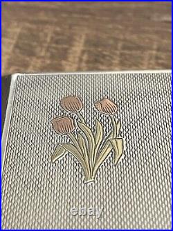 Tulip Emblem Sterling Silver Gold Inlaid Cigarette Case, Marked Birmingham 1948