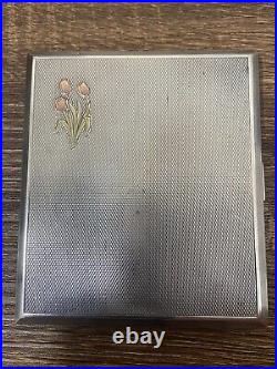 Tulip Emblem Sterling Silver Gold Inlaid Cigarette Case, Marked Birmingham 1948