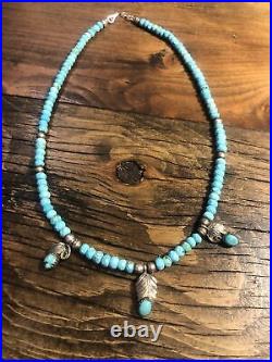 Turquoise Charm 18 Necklace Marked Sterling Silver Navajo 925