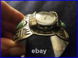 Turquoise bracelet sterling silver vtg cuff/watch/heavy sterling Marked WC