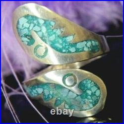 Turquoise chip bypass 0.925 Sterling Silver VINTAGE spoon Ring adjustable 6 to 9