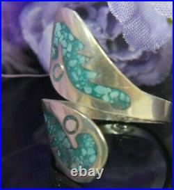 Turquoise chip bypass 0.925 Sterling Silver VINTAGE spoon Ring adjustable 6 to 9