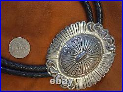 VINTAGE PAWN Native American HUGE REPOUSSE STERLING SILVER BOLO Marked TJ