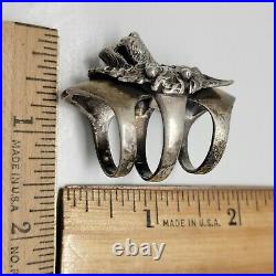 VTG 3 Band Full Finger Sterling Silver Wolf Head Figure Biker Ring Marked. 925