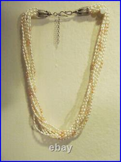VTG 925 Sterling Silver White Real Rice Pearl Beads Beaded multi strand Necklace