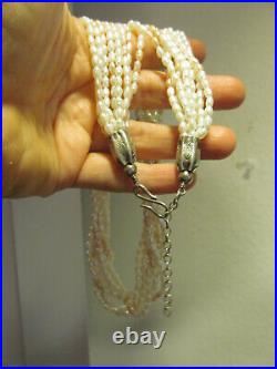 VTG 925 Sterling Silver White Real Rice Pearl Beads Beaded multi strand Necklace