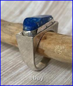 VTG Brutalist Sterling Silver 925 MEXICO TAXCO Lapis Men's Sz 11.5, 19g Marked