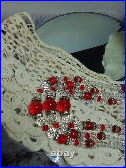VTG MARKED STERLING! De Lillo Style RED GLASS BEADS & Hand Cut Crystals Rondells