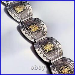 VTG Marked 18k Gold Sterling Silver 925 Peru Inca Panel Story Wide Bracelet 7