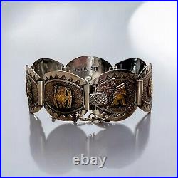 VTG Marked 18k Gold Sterling Silver 925 Peru Inca Panel Story Wide Bracelet 7