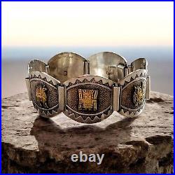 VTG Marked 18k Gold Sterling Silver 925 Peru Inca Panel Story Wide Bracelet 7