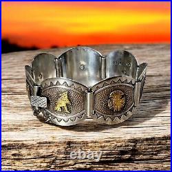 VTG Marked 18k Gold Sterling Silver 925 Peru Inca Panel Story Wide Bracelet 7