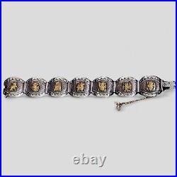 VTG Marked 18k Gold Sterling Silver 925 Peru Inca Panel Story Wide Bracelet 7