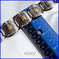 VTG Marked 18k Gold Sterling Silver 925 Peru Inca Panel Story Wide Bracelet 7