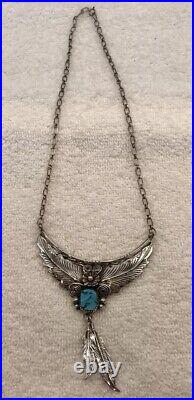 VTG Navaho Sterling Silver & Turquoise Leaf & Feather Necklace marked H 16.5