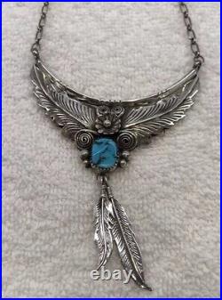 VTG Navaho Sterling Silver & Turquoise Leaf & Feather Necklace marked H 16.5