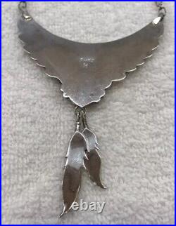 VTG Navaho Sterling Silver & Turquoise Leaf & Feather Necklace marked H 16.5