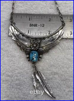 VTG Navaho Sterling Silver & Turquoise Leaf & Feather Necklace marked H 16.5