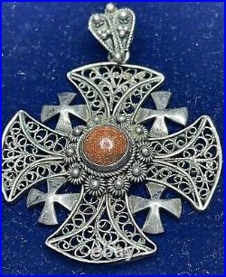 Vintage 1000 Sterling Goldstone Maltese Jerusalem Crusader Cross 2 1/4 10 Gr