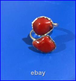 Vintage 925 Silver Natural RED CORAL Untreated TWO-STONE Ring Marked Beautiful
