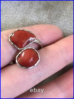 Vintage 925 Silver Natural RED CORAL Untreated TWO-STONE Ring Marked Beautiful