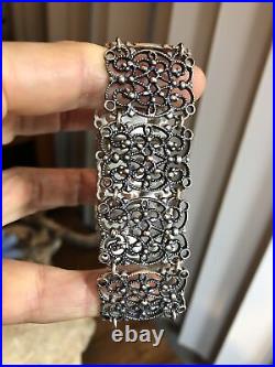Vintage 925 Sterling Filigree Rectangle Panel Link Box Clasp Safe chain Bracelet