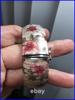 Vintage 925 Sterling Herringbone Flower patern Enamel Bangle Bracelet 7 Italy